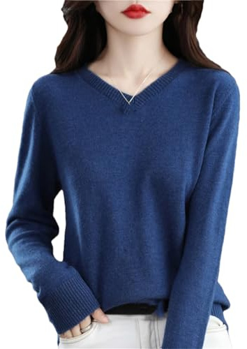 Höst vinter 100 % merinoull tröja kvinnor stickning kashmir pullover enkel V-ringning chic varma toppar, BLÅ, L
