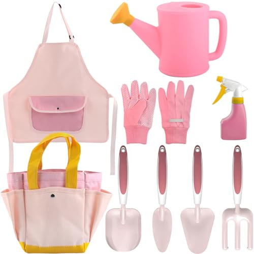 OnIUeZky 9pcs/Set Kids Gartenset, Kleinkindgartenset einschließlich Watering Can, Handschuhe, Schaufel, Rechen, Garten -Tasche, Schürze, Sprühgerät, Kindergartenwerkzeuge für Jungen Mädchen Geschenk