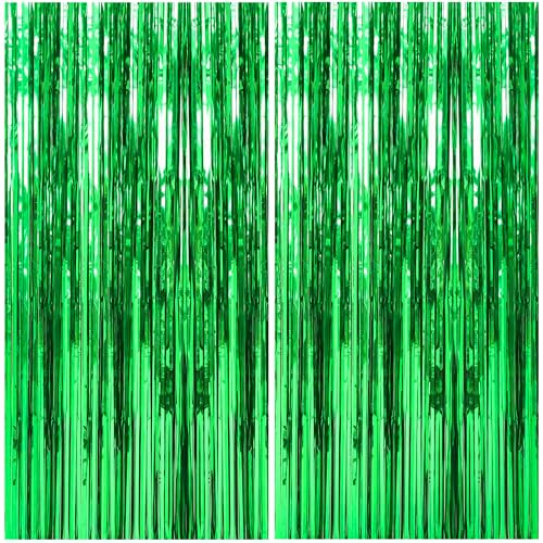 Yowlens 2-Pack Tinsel Fringe Curtain, 3.2ft x 6.5ft Pastel Foil Door & Party Background Decoration | Hanging Metallic Streamers for Christmas, Birthday & Parties,Halloween, New Year Decor (Green)