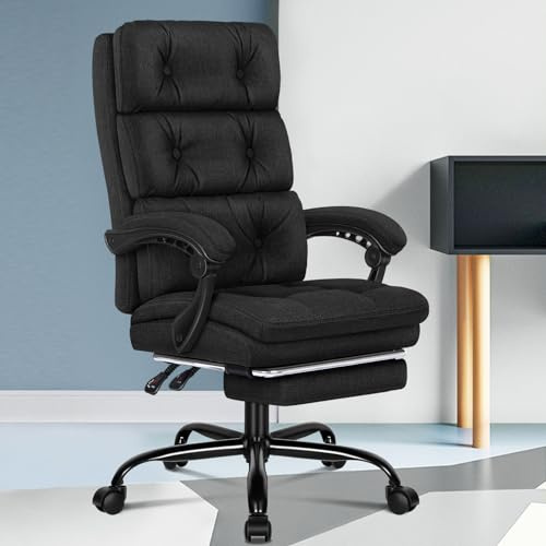 ALFORDSON Grande Chaise de Bureau, Chaise de Bureau à Double Couche, Inclinable à 150° et Pivotante à 360°, Chaise de Travail Pivotante à Haut Dossier avec Repose-Pieds, Tissu Lin, Noir