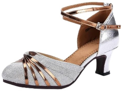 Chaussures de danse standard pour femme - Talons latins fermés - Semelle en caoutchouc, argenté, 41 EU Étroit