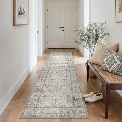 GENIMO Alfombra Salon Sin Peluche,Alfombra Cocina Lavable Antideslizante,Alfombra Pasillo de Pasillo Larga,Dormitorio,Alfombra Silla Escritorio,Gris Naranja,80x300 cm