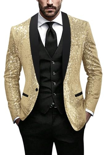 Minetom Blazer À Paillettes pour Homme Brillant Coupe Ajustée Un Bouton Veste De Costume pour Les Fête Mariage Affaires Disco Party Club A Or L
