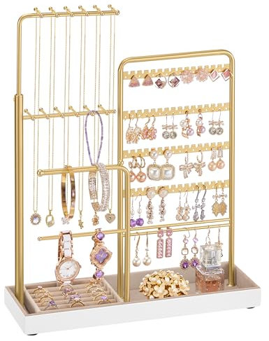SONGMICS Jewellery Display Stand, Jewellery Storage Organiser with Metal Frame, Velvet Tray, 30.9 to 47.5 cm Tall Height Adjustable Necklace Holder, Pale Gold JJS026A01