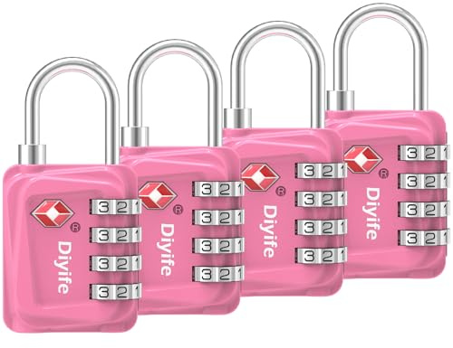 TSA Luggage Locks, [Updated Version] [4 Packs] Diyife 4-Digit Security Padlock, Resettable Zinc Alloy Combination Padlocks, Small Code Lock for Travel Suitcases Luggage Bag Case (Pink)