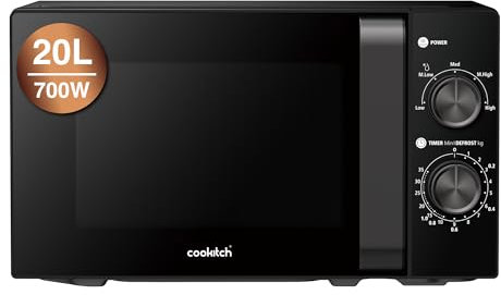 Cookitch Microondas 700W 20L Negro Compacto – Control Mecánico, Descongelación por Peso/Tiempo, Plato de Vidrio 255mm, Señal de Fin, Fácil de Usar y Limpiar