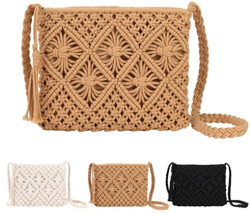 Sahunfri Straw Crossbody Bag for Women Bohemian Shoulder Bag Woven Crochet Purse For Summer Beach Travel Clutch Handbag (Khaki)