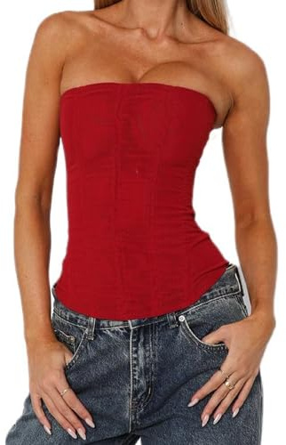 Betrodi Womens Strapless Mesh Corset Off Shoulder Tube Boned Bodyshaper Tops Y2k Going Out Zipper Overbust Bustier Tops Clubwear (Sexy Red, S)