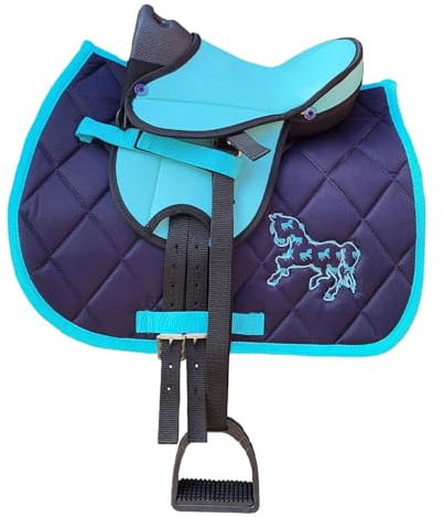 Brama West Kinder Shetty Sattel Set „Pony Fun“ | Sattel für Shetty Pony Holzpferd | mit Satteldecke, Sattelgurt, Steigbügel & Steigbügelriemen | Türkis Edition
