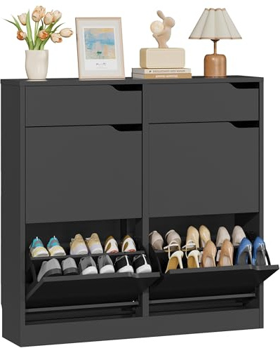 IRONCK Shoe Cabinet with 4 Flip Drawers & 2 Drawers, Freestanding Shoe Rack Cabinet, Shoes Storage Cabinet with Adjustable Shelves, Wooden Cupboard Organizer for Entryway, Hallway, Living Room (Black)