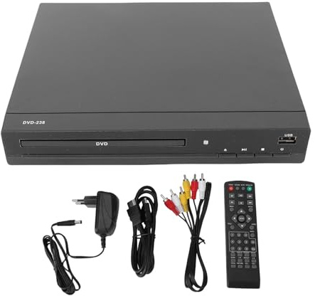 Fockety Lettore DVD, interfaccia multimediale HD con upscaling 1080P, porta USB, lettore DVD compatto con telecomando, portatile per tutte le regioni, SVCD, VCD, CD, per proiettore (Spina europea)