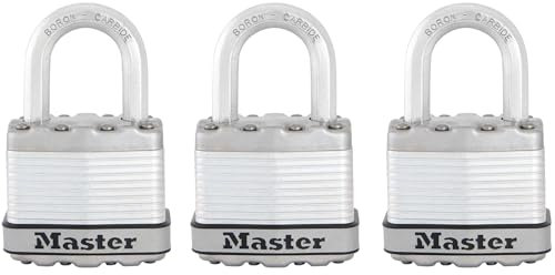 MASTER LOCK Pack of 3 Heavy Duty Padlocks, Security Level 8/10, Outdoor, Keyed, Laminated Steel, Weatherproof, Standard Shackle