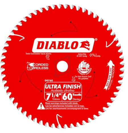 Diablo Ultra Finish Carbide Saw Blade for Wood - 7-1/4 Diameter, 60 ATB Teeth, 5/8 Arbor, .059 Kerf, 10