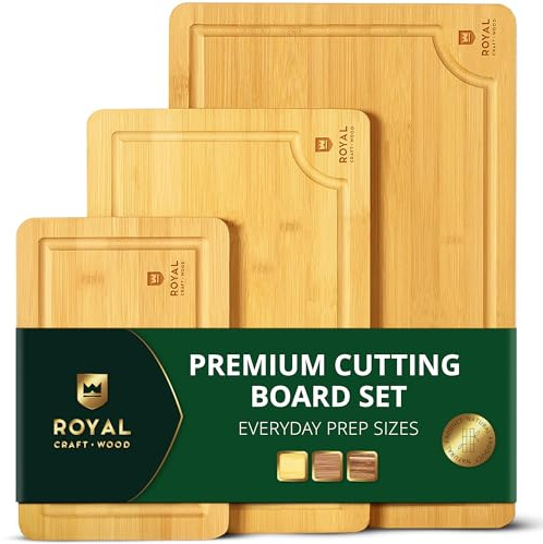 ROYAL CRAFT WOOD Wooden Cutting Boards for Kitchen Meal Prep & Serving - Bamboo Wood Serving Board Set with Deep Juice Groove Side Handles - Charcuterie & Chopping Butcher Block for Meat