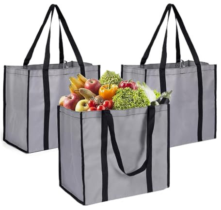 LONGTEAM 3 Pack Large Reusable Foldable Shopping Bag, Fold Away Washable and Lightweight Shopper Bag with Reinforced Handles (Gray, 3 Packs)