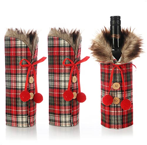 com-four® 3x lock till vinflaskor - flaskpåsar i juldesign - flaskdekoration till julbordet - rutig flasktröja som presentförpackning (röd och vit - rutig)
