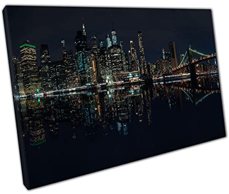 New York City Metropolis Cityscape Skyline Illuminated By Life At Night America Wall Art Print On Canvas Picture For Home Office Decor 91x61cm (36x24In)