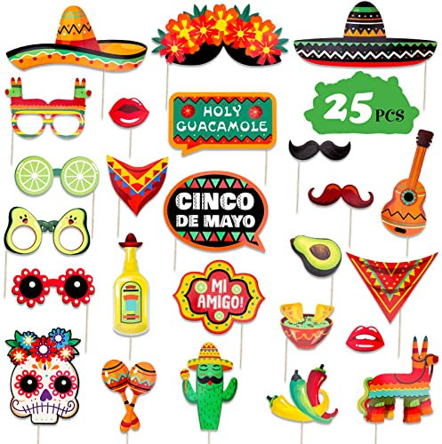 Qpout 25 STÜCKE Mexiko Fiesta Fotorequisite Mexikanischer Karneval Party Dekorationszubehör für den 1. Mai Selfie Partyzubehör Fiesta Fotodekoration Mexikanische Themenparty