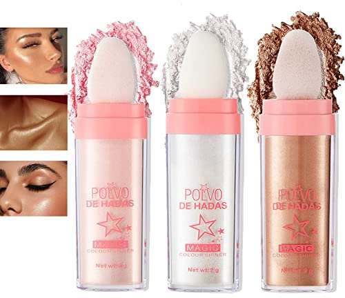Sitovely 3PCS Fairy Highlighter Patting Powder, Body Glitter Schimmer Highlighter Puder Stick, Konturenstift & Rouge-Stift & Gesicht aufhellen, Gesicht Hochglanz Glitzer Lose Highlight Puder Set