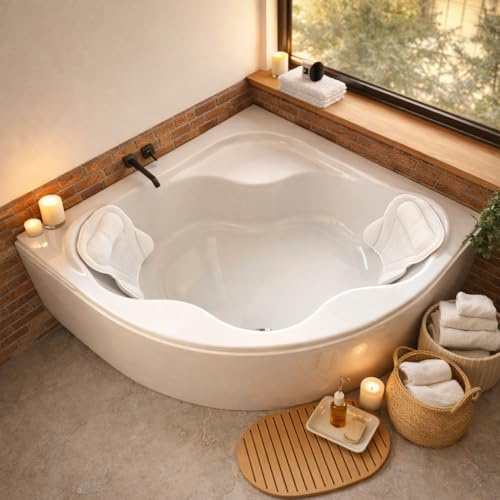 ECOLAM Baignoire d'angle symétrique SELMA 140 x 140cm + tablier en acrylique | oreiller Mare | pieds siphon | set complet