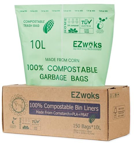 EZwoks 10L-150Count Compostable Caddy Liners With EN13432 Certificate Biodegradable Food Waste Bags 10L Caddy Kitchen Bin Liners Food Caddy Bags