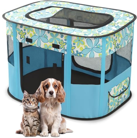 ALLSOPETS Parc pour Chien Pliable, Enclos Portable pour Chiot Chat Lapin, Tente Respirante d’Intérieur/Extérieur avec Sac de Transport, Idéal pour Voyage et Camping (Fleurs Bleues, L)