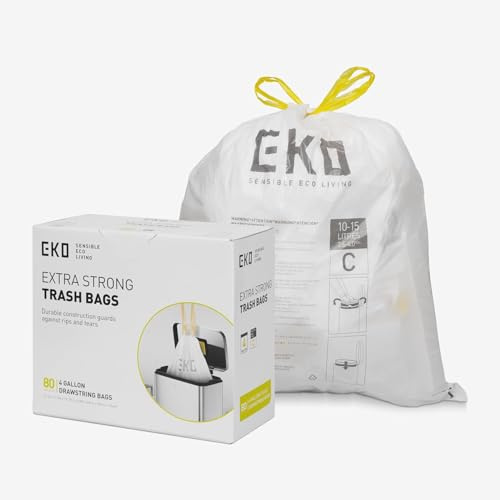 EKO - Bolsas de Basura - Código C - 80 Unidades - 10-15 L - Extrafuertes con Cordón Resistente - Blancas - Ideales para Baño y Oficina