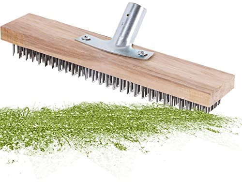 Balai métallique de 30 cm - Avec manche - Robuste et flexible - En acier - Balai de rue - Balai de jardin - Poils durs - Brosse à gratter - Râteau à feuilles avec poils durs et socle en bois