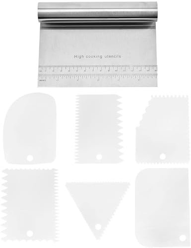 HOUSTA Teigschneider Edelstahl Teigschaber mit 6 Stück Kunststoff Teigkarte Teigspachtel mit Messskala Gemüseschaufel Teigschaberkarte für Gemüse, Brot, Pizza, Kuchen, Torte, Plätzchen