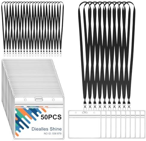 Diealles Shine 50 Stück Ausweishülle mit Band, Kartenhülle, Ausweishalter, Waterproof Transparent Kartenhalter mit Band für Geschäfts Messe Schulen (Schwarz)