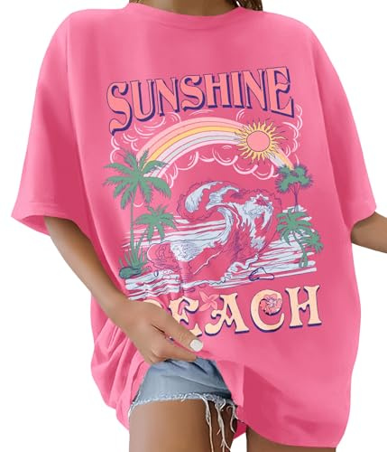 Lonya Camiseta Manga Corta Mujer Camiseta Oversize Camisetas Verano Cuello Redondo T Shirt Tallas Grandes Sunshine Letras Creativas Estampado Mujer Verano de Algodón Casual,A Rosa Rosado, XXL