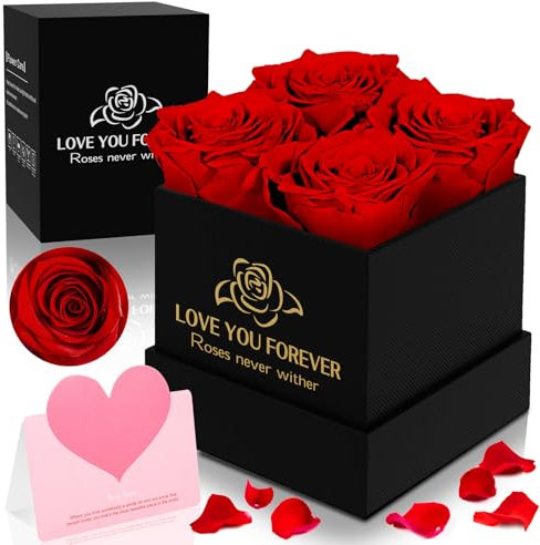 TEGOVE Rosenbox,4 Konservierte Rose,Infinity Rosen Ewige Rose,Ewige Rose Box,mit Grußkarte,Geschenke für Frauen für Valentinstag Muttertag,Geburtstag,Hochzeitstag,Weihnachten