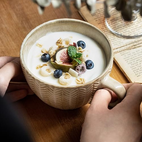 Taza de café grande XXL, de cerámica, 700 ml, con asa, cuenco de desayuno, cereales, sopa, avena, ensalada, taza de cerámica extragrande (400 ml amarillo)