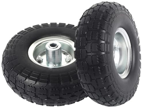 JOEEYKO 2 Pack 10 Flat Free Solid Tires, 4.10/3.5-4 Rubber Tyre Wheels with 16mm Axle Bore Hole for Hand Truck, Trolley, Wheelbarrows, Garden Cart