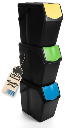 BigDean 3x 25L Mülltrennsystem Küchenmülleimer 3 Fächer Stapelbar mit Henkel Abfalleimer Küche