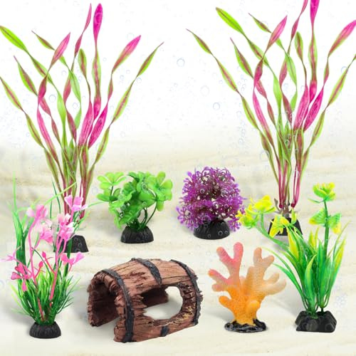 QUOZUO Small Fish Broken Barrel Decor Fish Tank Decorations Aquarium Accessories Plants Plastic Resin Barrel and Coral Hideout Ornaments Aquarium Decor Set 8 Pieces