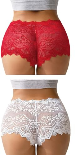 Mutandine Francesi Donne Plus Size Perizoma in Pizzo Cavallo di Cotone Biancheria Intima Brasiliana Mutandine Hipster Sexy Slip da Donna Bikini Perizoma Sfacciato Rosso Bianco Confezione da 2