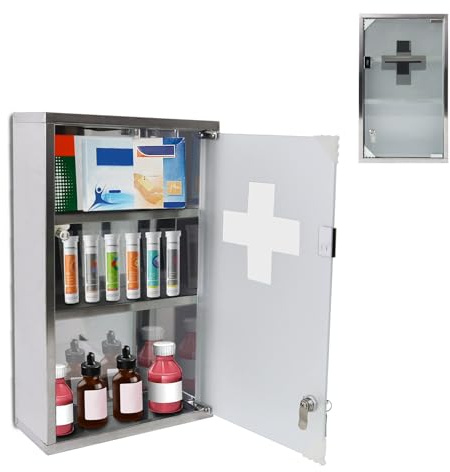 ACXIN 30 x 12 x 50 cm medicinskåp av rostfritt stål, medicinskåp med 3 fack, hängande apoteksskåp, låsbart läkeskåp, husapotek, förvaring av läkemedel, silver