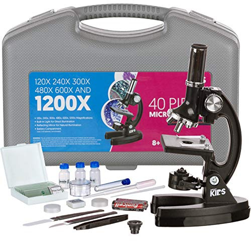 AmScope 120X-300X-240X-480X-600X-1200X Educational Biological Kids Microscope Kit with Metal Arm