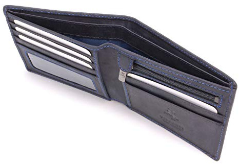 VISCONTI - Small Genuine Leather Bifold RFID Wallet - Shield 707 Blue | Men's RFID Protected Slim Wallet, 6 Credit-Card Slots, Notes Section, Coin Pocket, Gift Boxed, Leather Anniversary Present