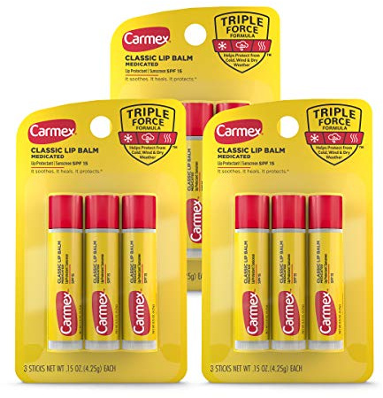 Carmex Classic Medicated Lip Balm Sticks, Lip Moisturizer for Chapped Lips, 9 Count (3 Packs of 3)