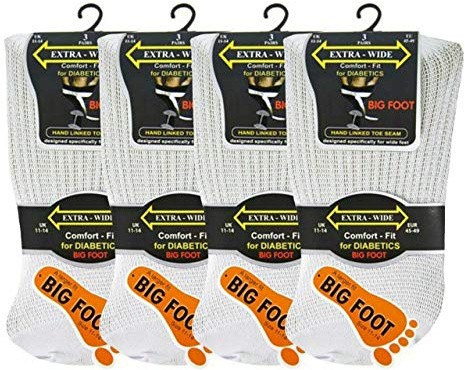 3/6 /12 Pairs of Men's Gents Extra Wide Diabetic Comfort Top Gentle Grip Swollen feet Socks Big Foot Size 11-14 (White, 3)
