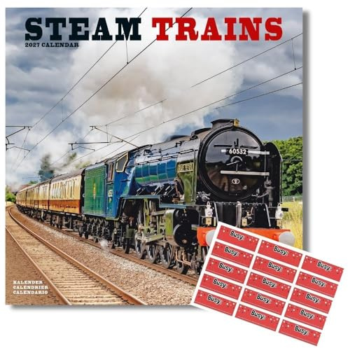 Avonside Steam Trains 2027 Square Calendar with Organisational Stickers | 16 Month Square Wall Calendar, Month to View Layout, Marked UK Holidays, High Quality Images, Home or Office Planner, 12x12in