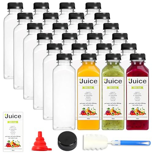 DEPEPE 24 Pack 16 Oz Plastic Juice Bottles with Caps, Reusable and Take Out Juicing vessels with Lids, Clear Bulk Containers for Smoothie, Drinking and Other Beverages