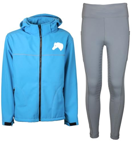 MS-Trachten Kinder Reitset Eva Softshell Reitjacke hellblau mit Silikon-Vollbesatz Reitleggings Grau (122/128)