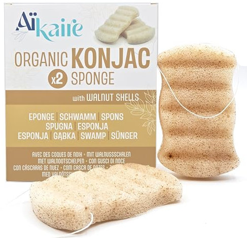 Organic Konjac Sponge Exfoliating with Nut Shell Breaks for Body | Set of 2 Body Sponges | Natural Plant Cleansing Sponge