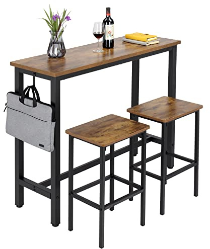 Finnhomy 47 Industrial Bar Table Set with 2 Stools - Counter Height Dining & Pub Table for Small Spaces, Kitchen, Apartment, Breakfast Nook - Metal & Wood, Space-Saving Furniture - Rustic Brown