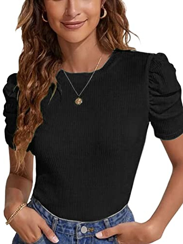 Tuopuda Magliette Donna Estive T-Shirt Maniche a Sbuffo Elegante Top a Coste Elasticizzato Tee Maglietta Casual Camicia in Maglia Girocollo Blusa Taglie Forti, A1-Nero, XL