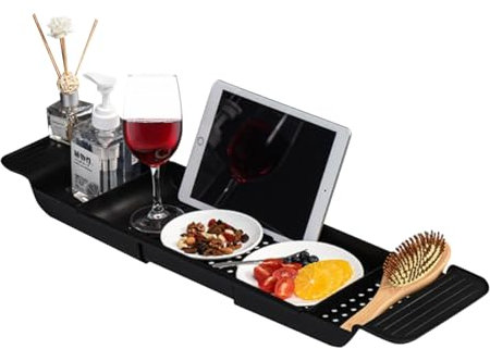 Plateau de Baignoire, Accessoires de Baignoire Avec Design de Drainage Respirant Sans Humidité, Placement Stable, Peut Contenir Une Variété D'articles, Étagère de Bain en Plastique Extensible(Le noir)