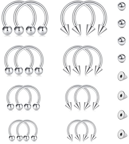 Rajnard 16G Silver Nose Ring Piercing e Set di Palline di Ricambio in Acciaio Chirurgico Helix Horseshoe Septum Lip Cartilage Tragus Conch Daith Orecchini 6 8 10 12mm per Donne e Uomini
